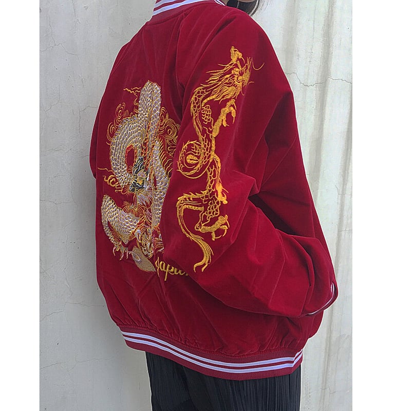 [Forever series]★China style outerwear★2color Black or red Dragon embroidered Dragon Dragon crest Stadium jacket Jacket Sukajan