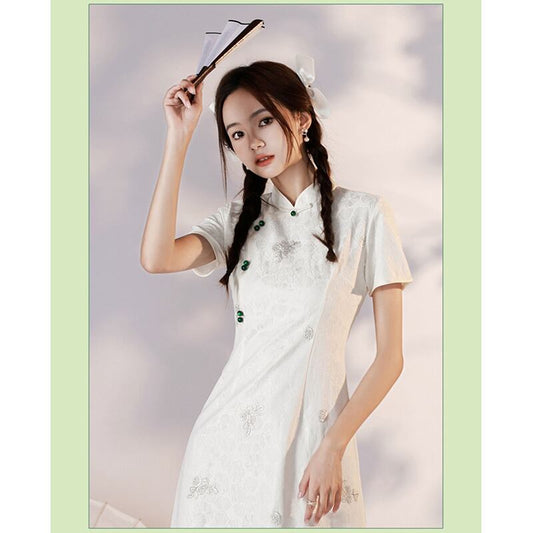 [YUEQIAO series]★Cheongsam dress★Short length Chinese style dress White White Cute Slimming look