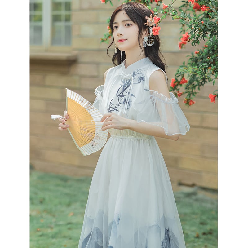 [Az Suna Series] ★Chinese style dress★ Hanfu dress, off-the-shoulder SML XL, Chinese clothes, date, girls' night out