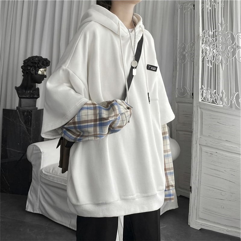 [Vesibo Series] ★Tops★ 3 colors fake layered casual plaid pattern unisex men's white black gray