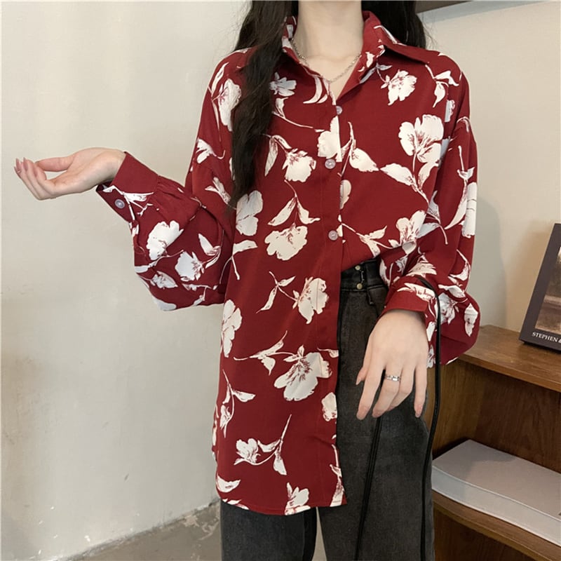 [BUXI Series]★Shirt★ Tops Floral Print Retro Red Red Women's Fashion Long Sleeve