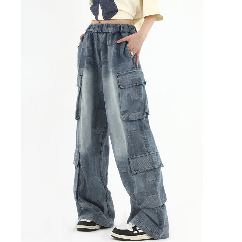 [Studios Series]★Denim Pants★ Bottoms Unisex Men's Trousers Plaid Pattern Elastic Waist Retro