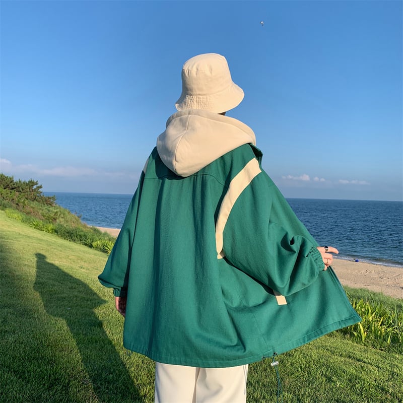 [MANYSTON series]★Jacket★ Outerwear 3color fake layered hooded unisex men's green black beige