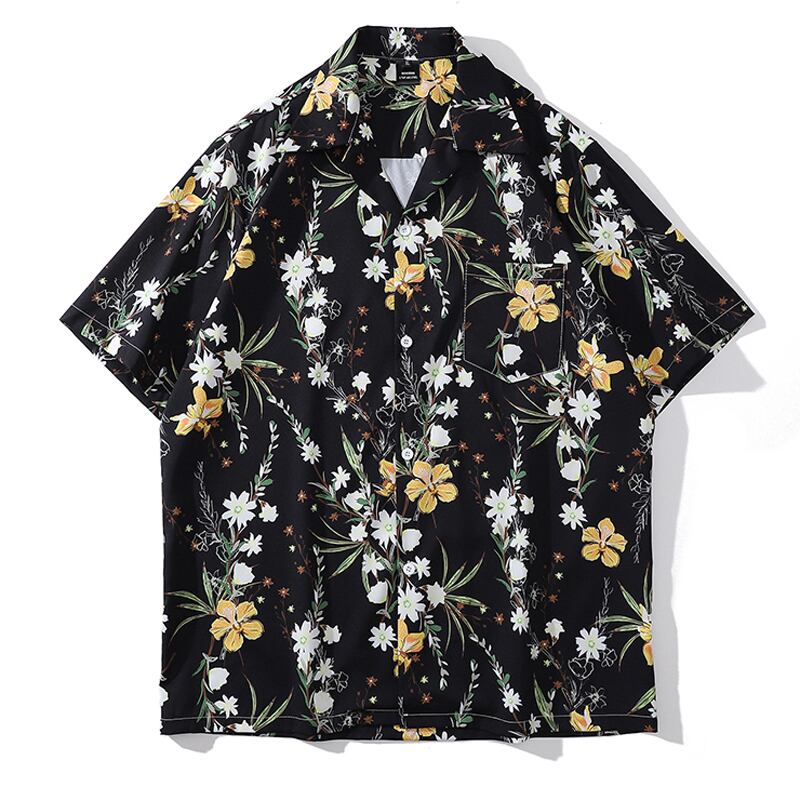 [TRAVEL ISSUANCE Series] ★Retro Shirt★ Floral Shirt Unisex Men's Loose Black Black