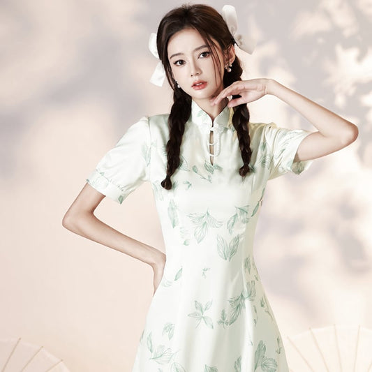 [YUEQIAO series]★Cheongsam dress★ 2color short length Chinese style dress Beige Green