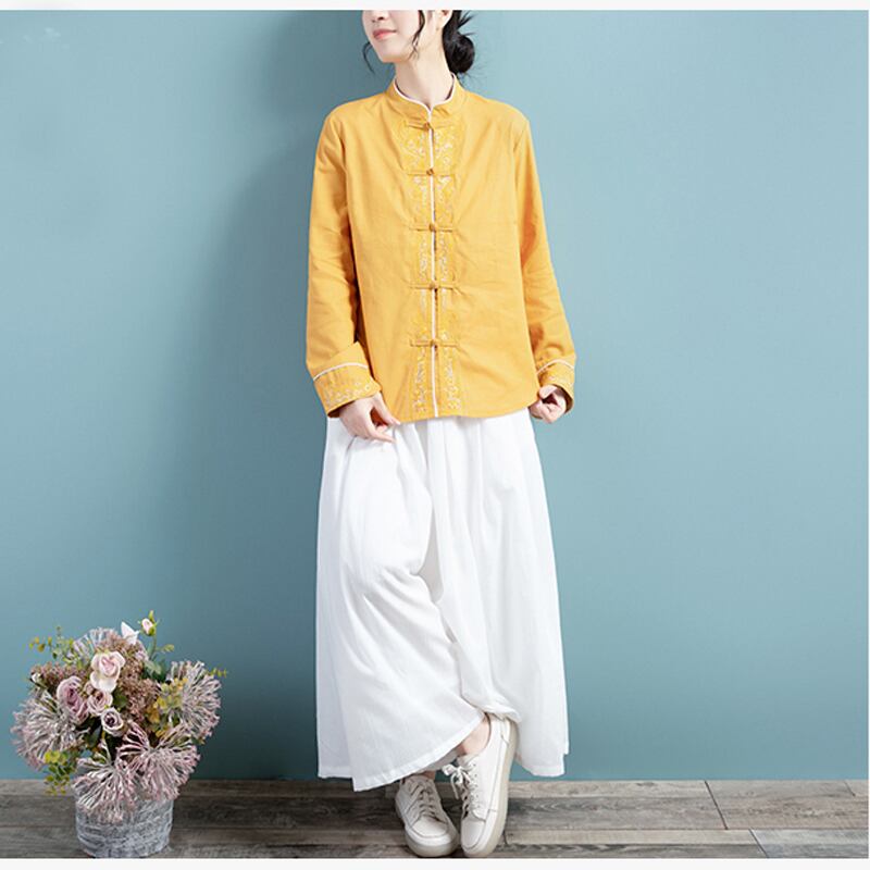 [Qing Series]★China style tops★ 3color embroidery long sleeve shirt simple easy to match Blue Yellow Purple