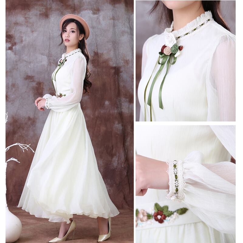 [Nan Kemu Series] ★One Piece★ Long Sleeve One Piece Dress Women's Date Ribbon Chiffon White White