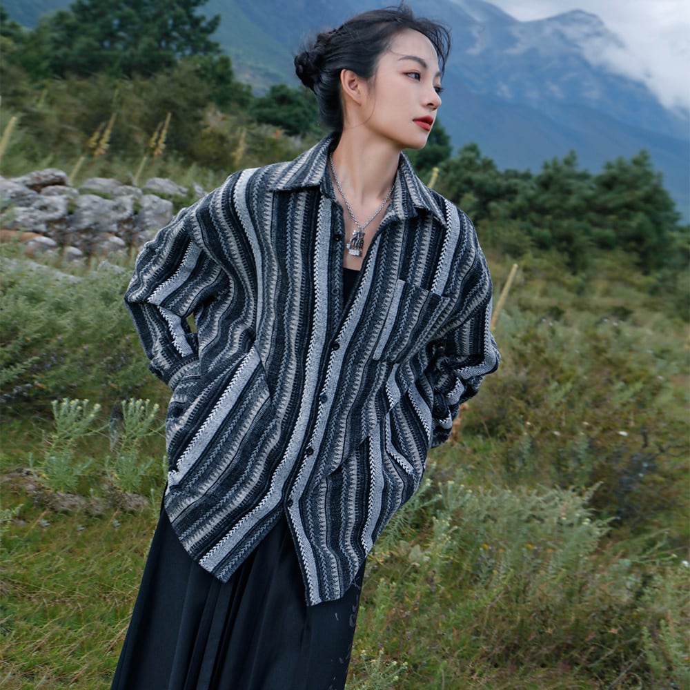 [Big Blue Dragon Series]★China style tops★ Shirt Vertical striped gray retro thick casual loose fitting