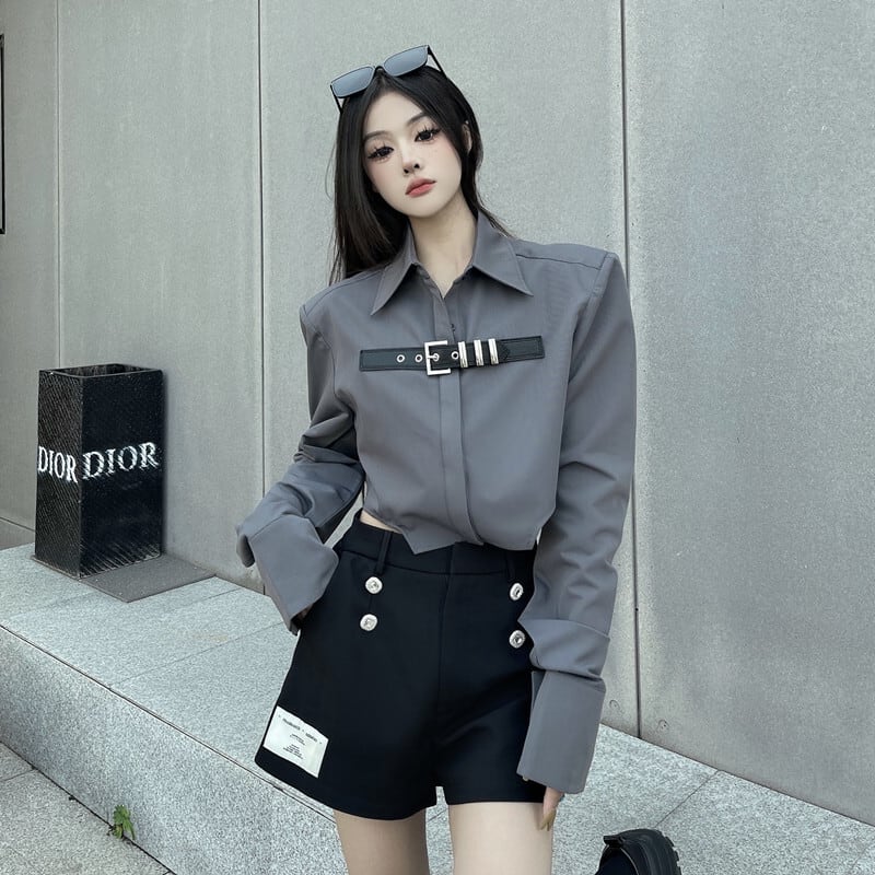 [Style Series]★Shirt★ Tops Short Length Long Sleeve Gray Gray Women's Unique Slimming Fashionable SM