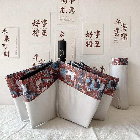 [Hin Umbrella STUDIO Series] ★China style umbrella★ Rainy &amp; sunny 2color 8 ribs dual use tri-fold umbrella manual &amp; jump rainy season rainproof soup oil painting style sun protection deer