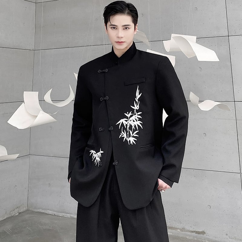 [Illustrated series] ★China style blazer★ Outerwear bamboo unisex men's black black ML XL print