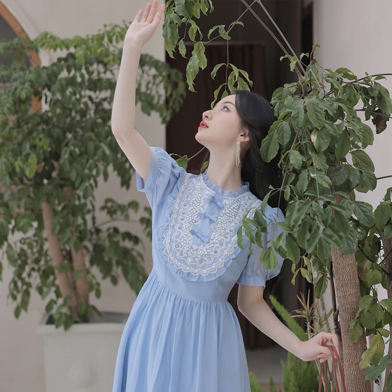 【華莎の城シリーズ】★ワンピース★ ドレス スウィート 可愛い 通勤 結婚式 デート 夏服 ブルー 青い