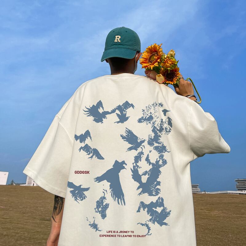 [KADISHOU series] ★T-shirt★ Tops 2color Unisex Men's Large size Bird Bird pattern Easy to match