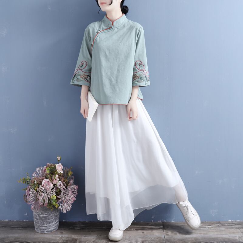 [Qing Series]★Chinese style tops★ 4 colors, floral pattern, 3/4 sleeves, cotton linen, white, blue-green, pink, yellow, Chinese clothing, improved Tang clothing