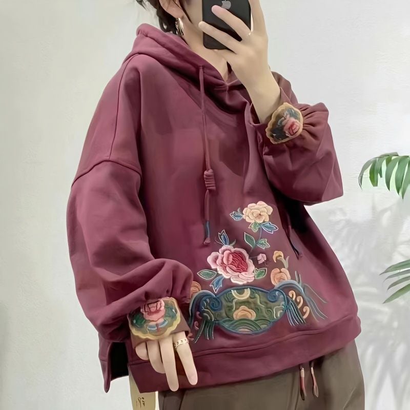 [Geibei Series]★China style hoodie★ Tops 3color brushed lining embroidery casual ethnic style