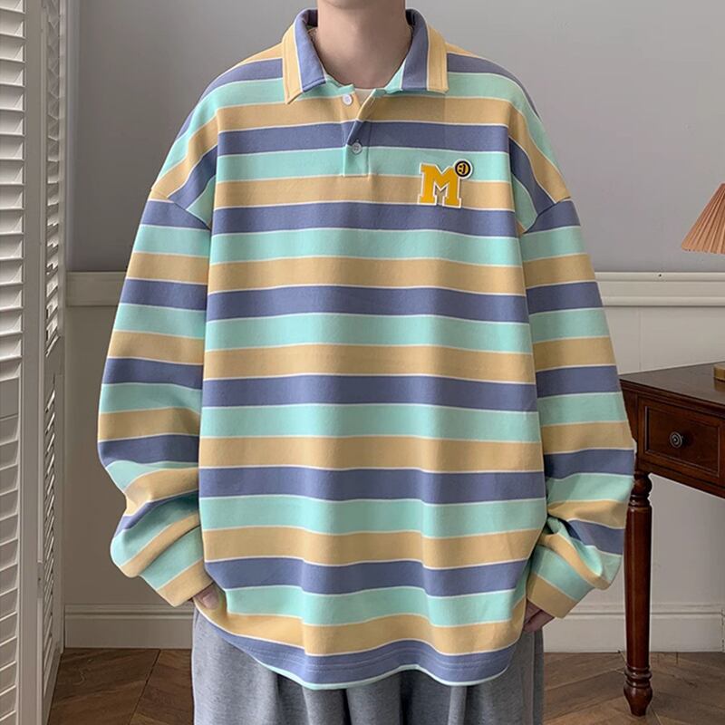 [BIGEMAN Series]★POLO Neck★ 2color Tops Vertical Stripes Striped Pattern Unisex Men's Large Size