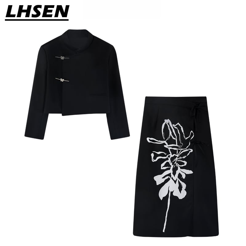 [LHSEN Series]★China style skirt★Bottoms Window skirt Easy to match Black Floral pattern