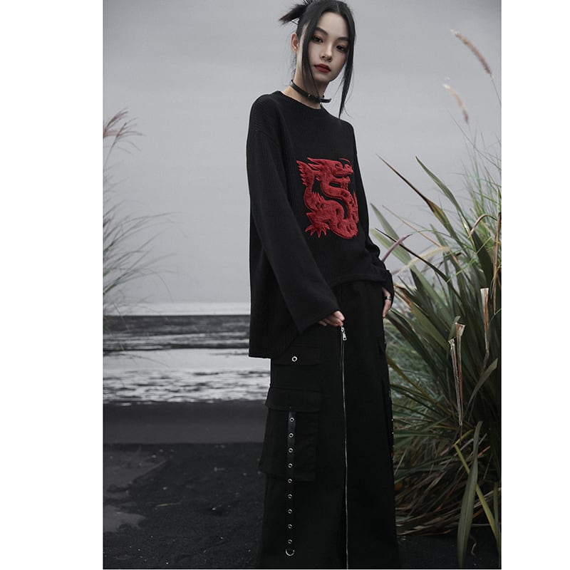 [Big Blue Dragon Series] ★Chinese style sweater★ Knit tops Dragon crest Chinese clothing Black Black Irregular