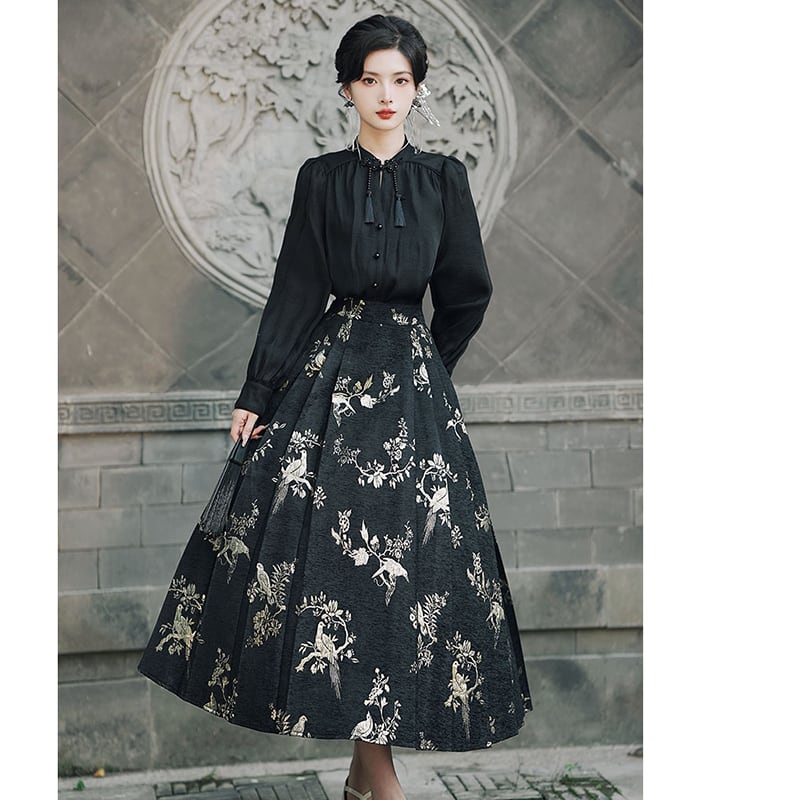 [BAIRIMENG Series]★China Style Skirt★Bottoms Floral Skirt Women's Temperament Enhancement Black Black