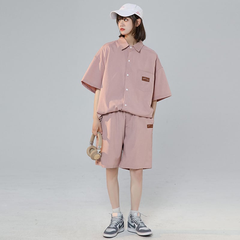 [CHAOMEICHEN series]★Setup★ 3color shirt + shorts summer clothes unisex men's white coffee color pink