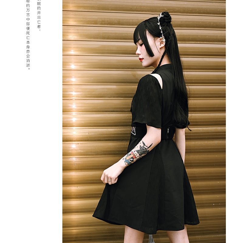 [Kokaisha---Dark Series]★China style dress★ Off-the-shoulder short length slimming original black black SML date