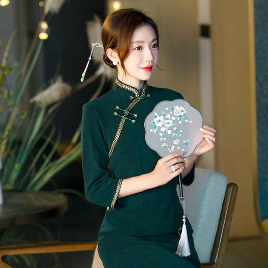 [Embroidery Series]★Cheongsam dress★ Dress, large size, long length, green, slimming, improving temperament