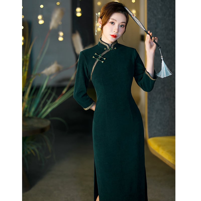 [Embroidery Series]★Cheongsam dress★ Dress, large size, long length, green, slimming, improving temperament