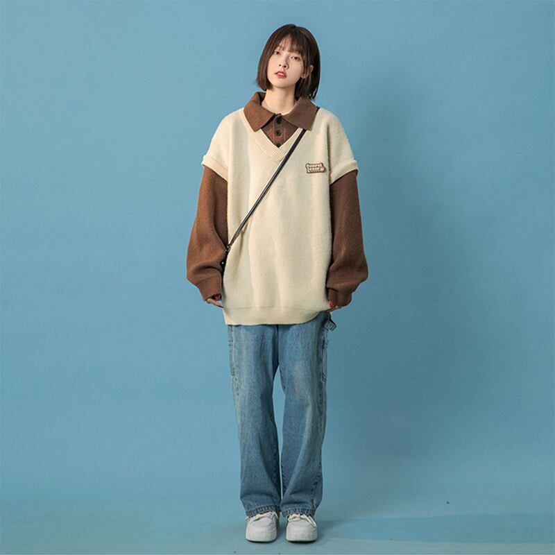 [Suikoishi Series]★Sweater★ Tops 4color Unisex Men's Fake Layered Green Beige Blue Black