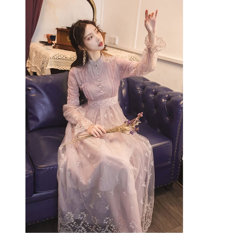 [Kasa no Castle Series]★China style dress★ Lace Princess Light Purple Long Sleeve Date Cute Retro