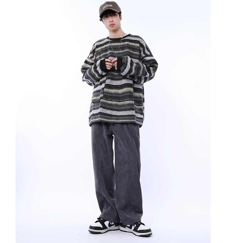 [MGJM Series]★Knit tops★ 2color horizontal striped striped pattern retro unisex men's women's Harajuku style easy to match