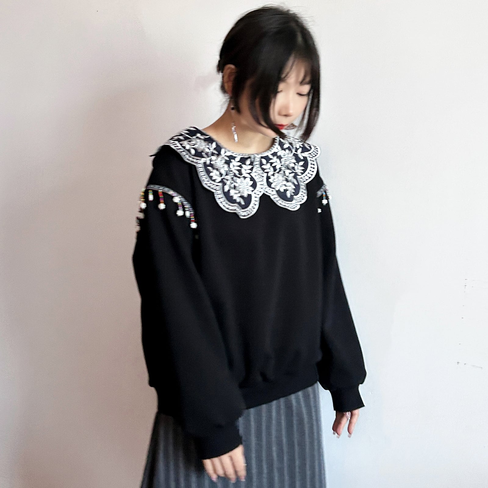 [True Fish Series]★China style top★ Embroidered fringe ladies long sleeve cute collar large size black