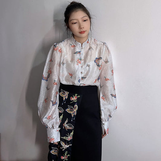 [Big Fish Series]★China Style Shirt★ Tops Butterfly Women's Long Sleeve Shirt Floral Pattern Shirt Large Size