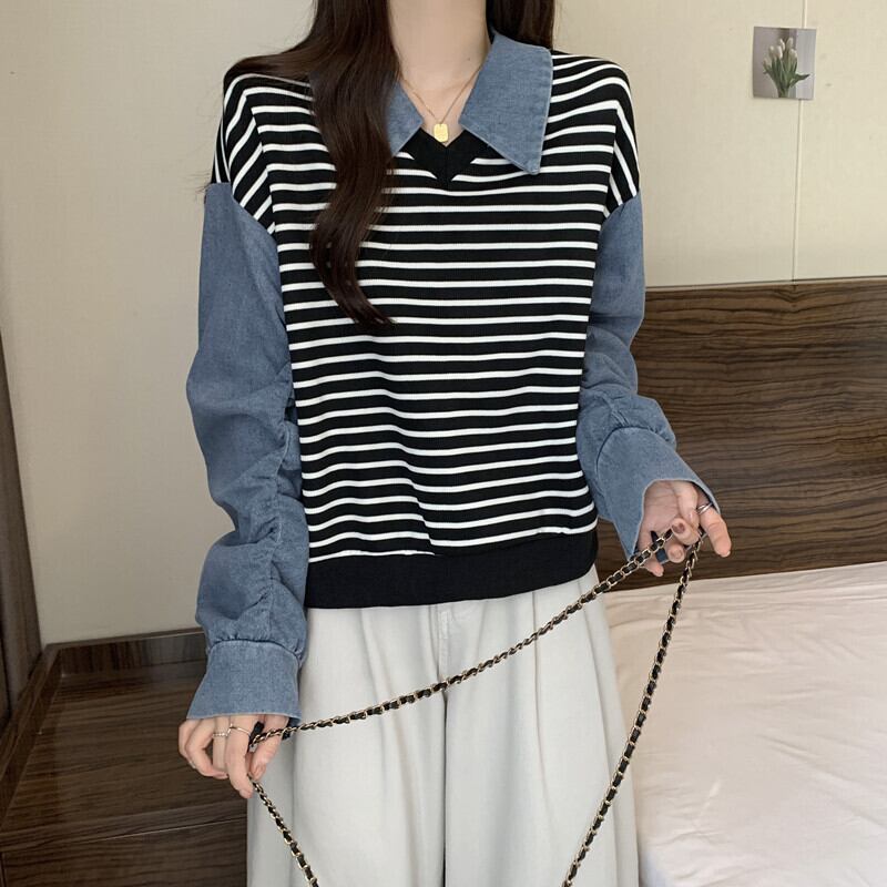 [DUOBAO series]★POLO shirt★ 2color tops, long sleeves, fake layered, slimming, large size, horizontal stripes, striped pattern