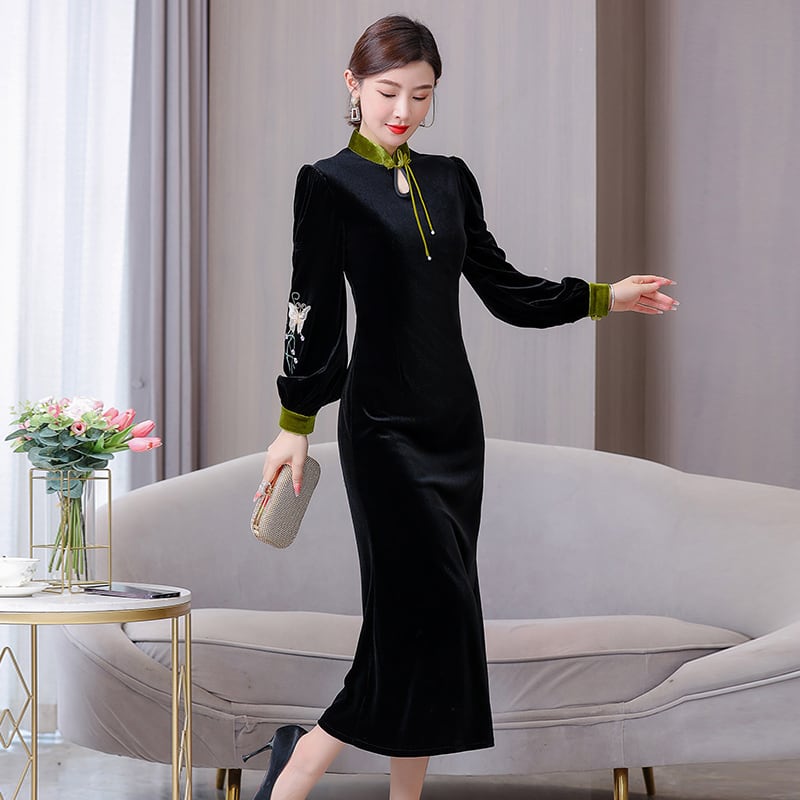 [Agoya Yui Series] ★Cheongsam dress★ Chinese style piece velvet black black long length