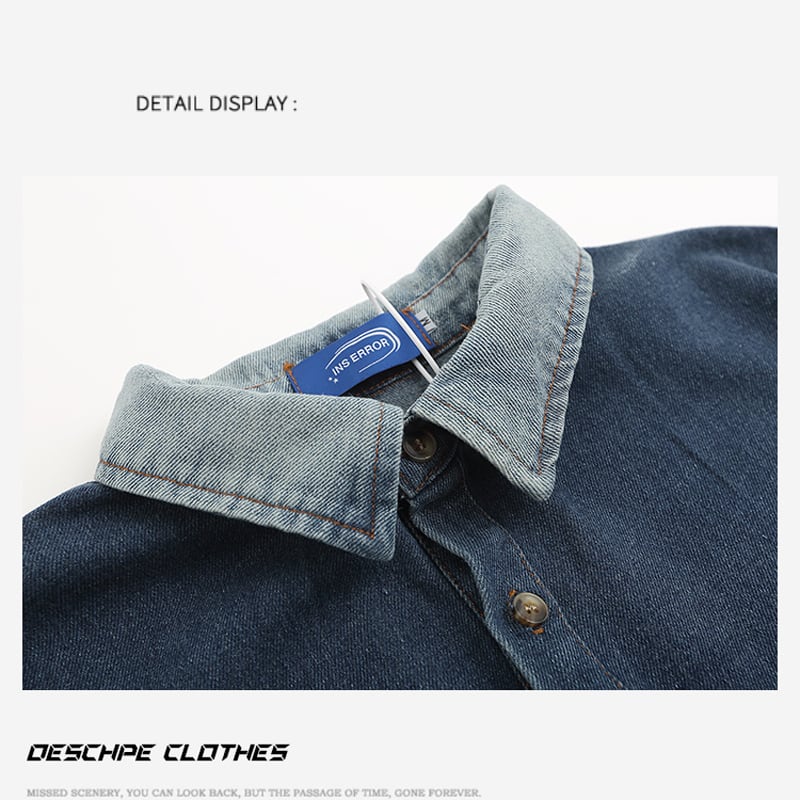 [DESCHPE Series]★Denim Shirt★ POLO Shirt Tops Unisex Men's Embroidery Alphabet Blue Blue