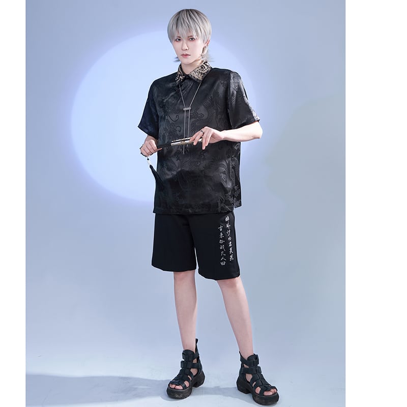 [Kyodo Series]★China style shirt★ Tops 2color Unisex Men's Dragon pattern Dragon pattern Black White