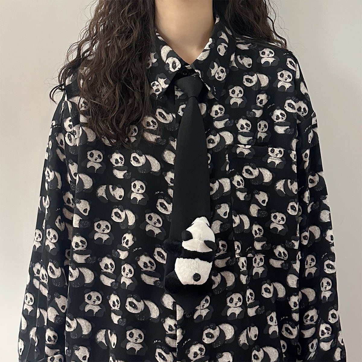 [UATONLINE Series] ★China style shirt★ Shirt with tie Panda pattern tops Unisex Men's Black Black