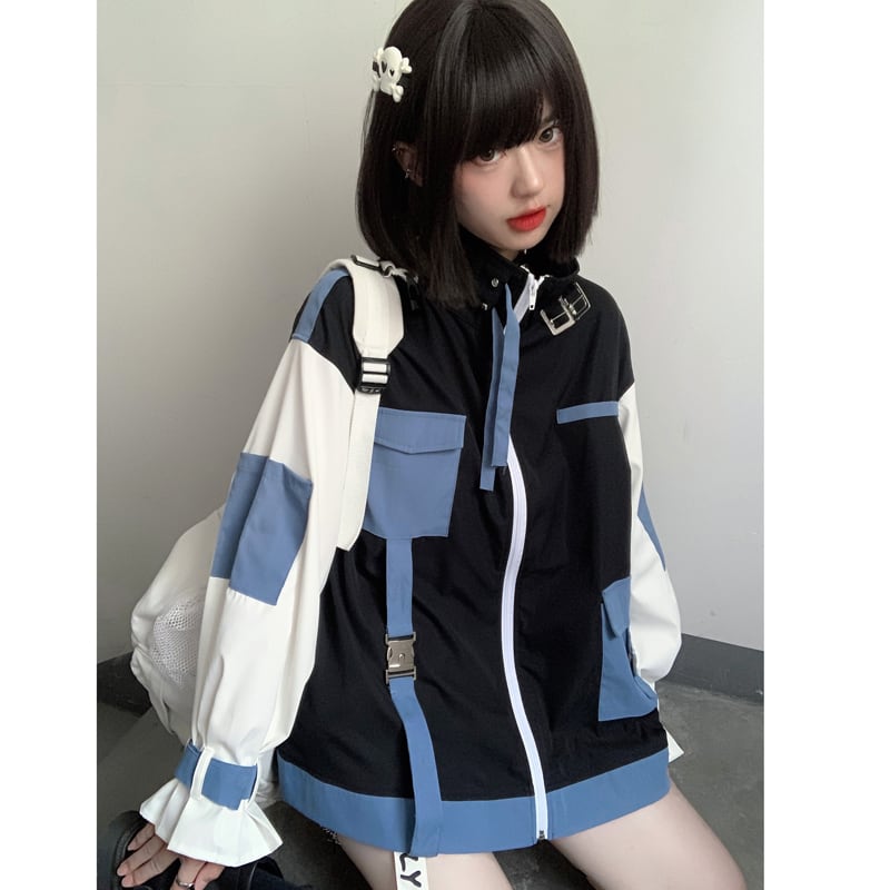 [Momoko Sakura Series] ★Jacket★ Outerwear cute color scheme original white blue black easy to match ladies