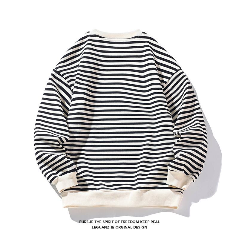 [BIGEMAN Series] ★Tops★ 2color Horizontal striped pattern long sleeve tops Unisex Men's Large size Black Coffee color