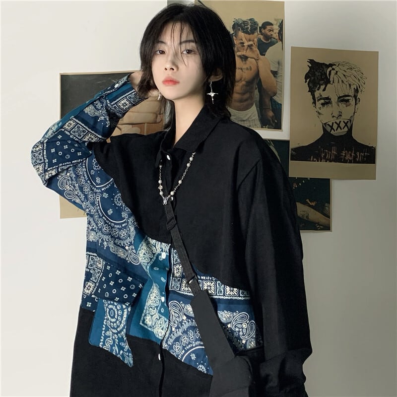 recommendation! [Style Series]★Shirt★ Tops Floral Pattern Switching Unisex Print Men's Women's Black Black Blue