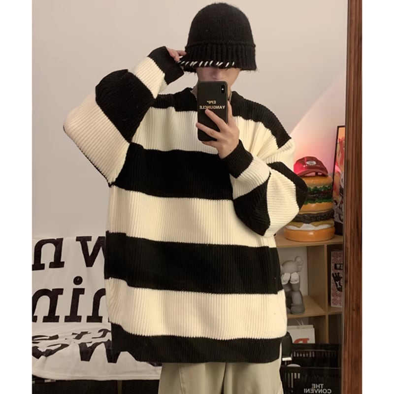 [PPG Series]★Sweater★ 2color knit tops, horizontal stripes, striped pattern, unisex, men's, casual, easy to match