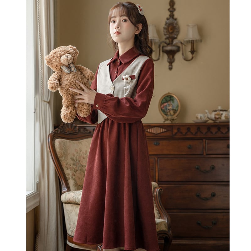 [Minami no Mori Series] ★One Piece★ 2color Faux Layered Fashion Ladies Switching Ribbon Wine Red Khaki Brown