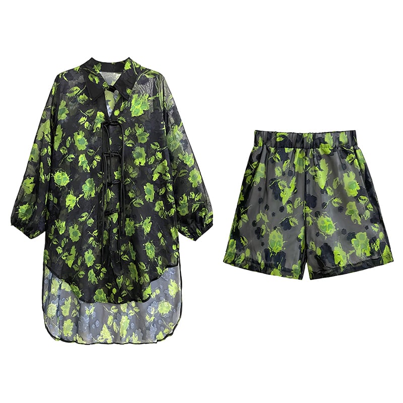 [YIDAO Series]★Setup★ 2-piece set, top and bottom set, shirt + shorts, slimming, cool, green, green