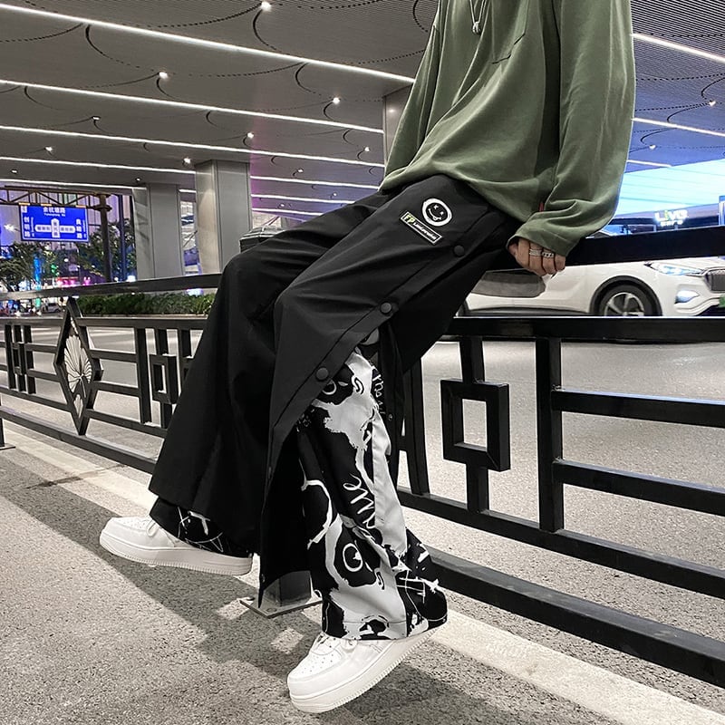 [XLQS Series]★Pants★ 2color Black or White Faux Layered Unisex Large Size Black White