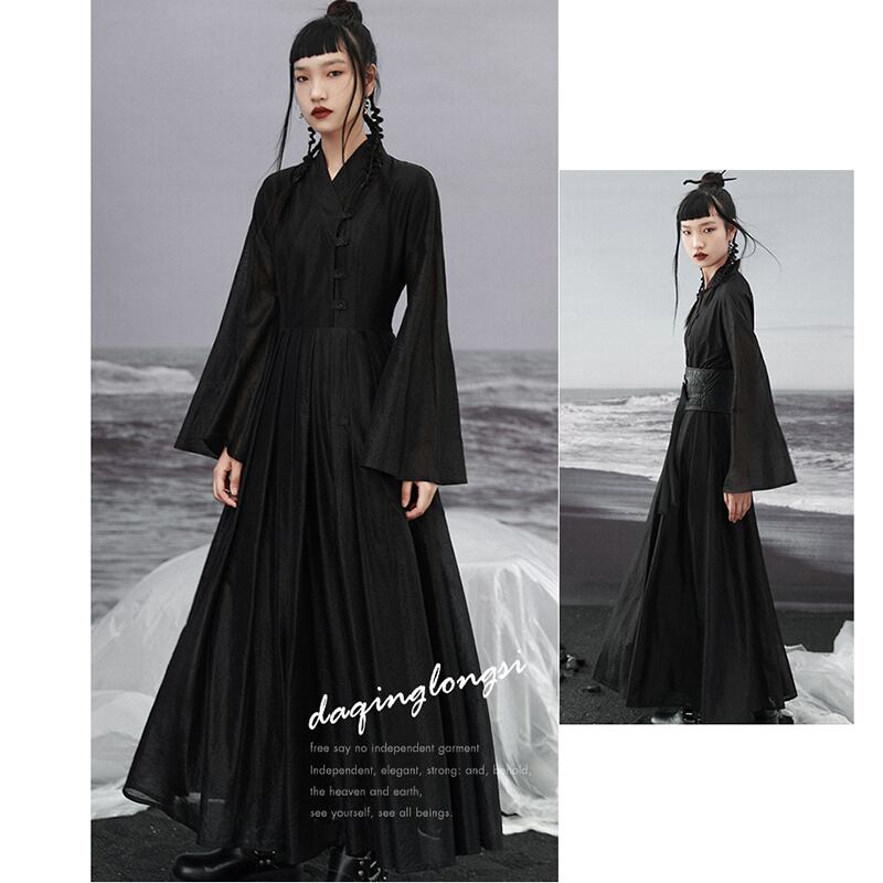 [Da Qinglong Shu Series] ★Chinese style dress★ V-neck long sleeve retro long length original temperament enhancement Chinese clothing