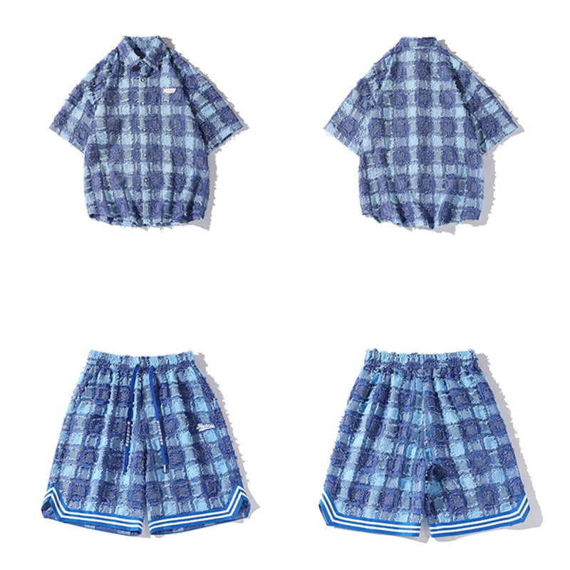 [BIGEMAN Series]★Setup★ Shirt + Shorts 2color Unisex Men's Large Size Plaid Pattern Blue Black Gray