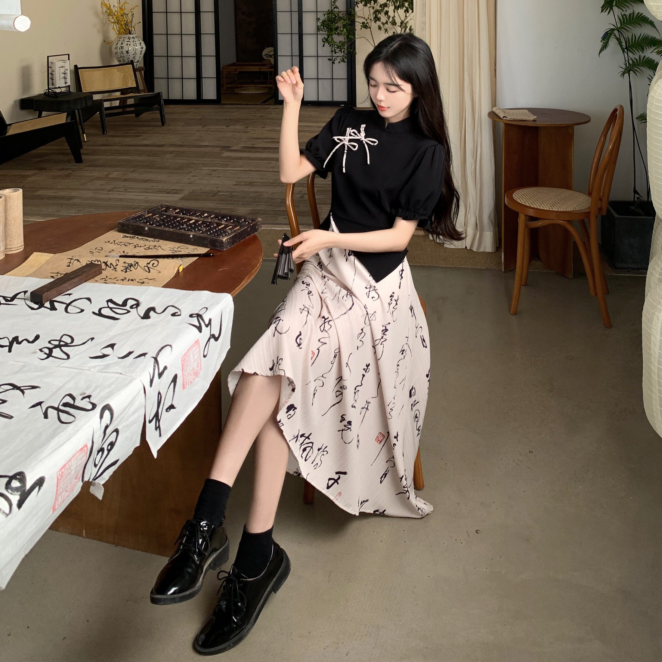 [DONGXIAOJIE series]★China style dress★ Letter pattern ribbon summer clothes fake layered large size slimming