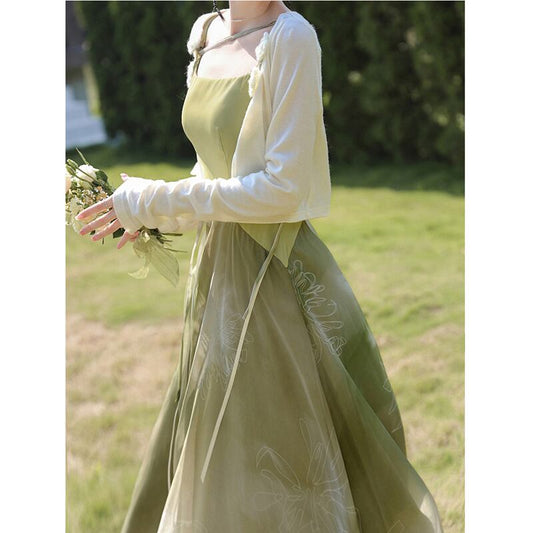 [Az Suna Series]★Setup★ Thin outerwear + hanging dress, Republic style, Green, Improves temperament, Wedding