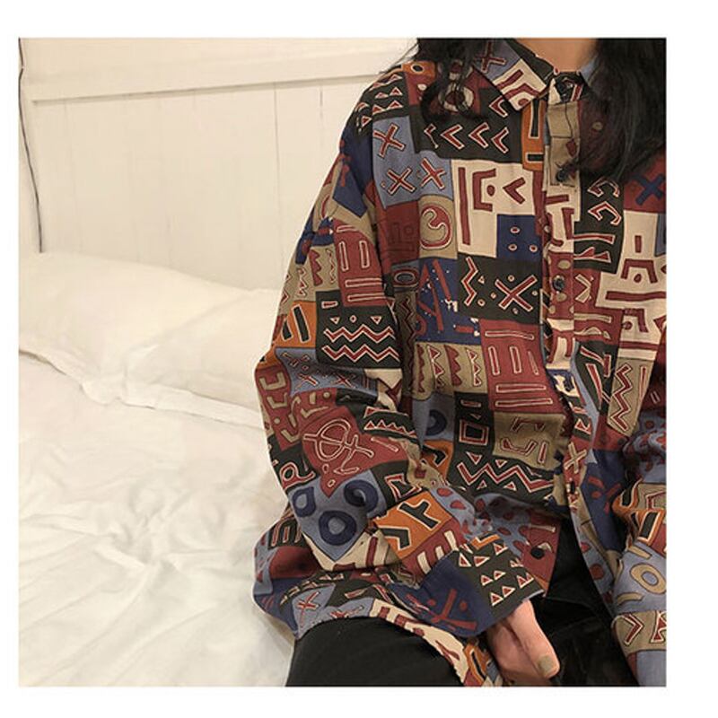 [YOUZI Series] ★Retro Shirt★ Long Sleeve Shirt Tops Print Retro S M L XL Loose Easy to Match Thin