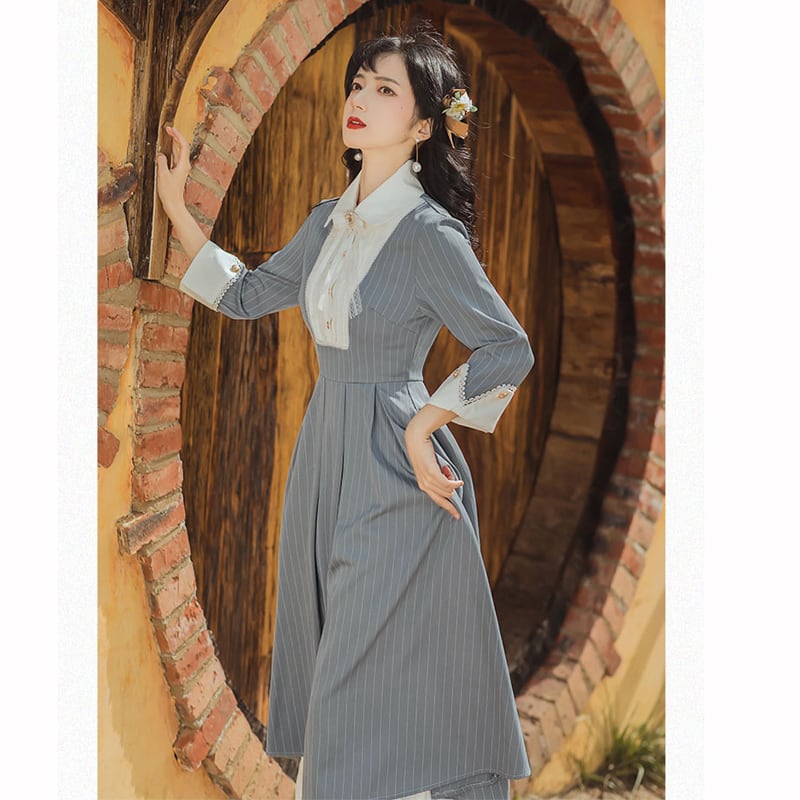 [Tatsuko Chenis Series] ★Long-sleeved dress★ Retro literary style Improves temperament Striped pattern Vertical stripes Gray Gray S M L XL